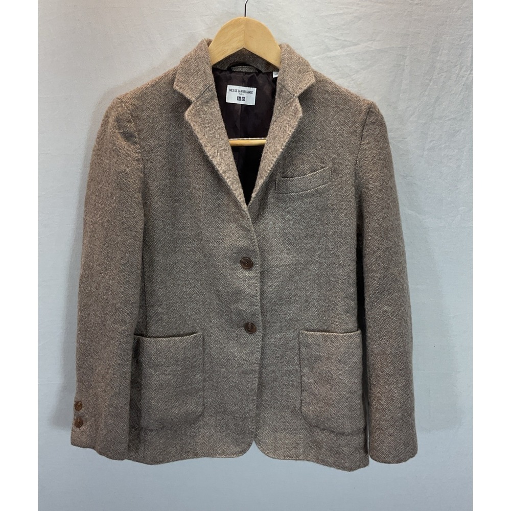 Ines De La Fressange Blazer Womens SMALL Grey UNIQLO Tweed Two Button Jacket S
